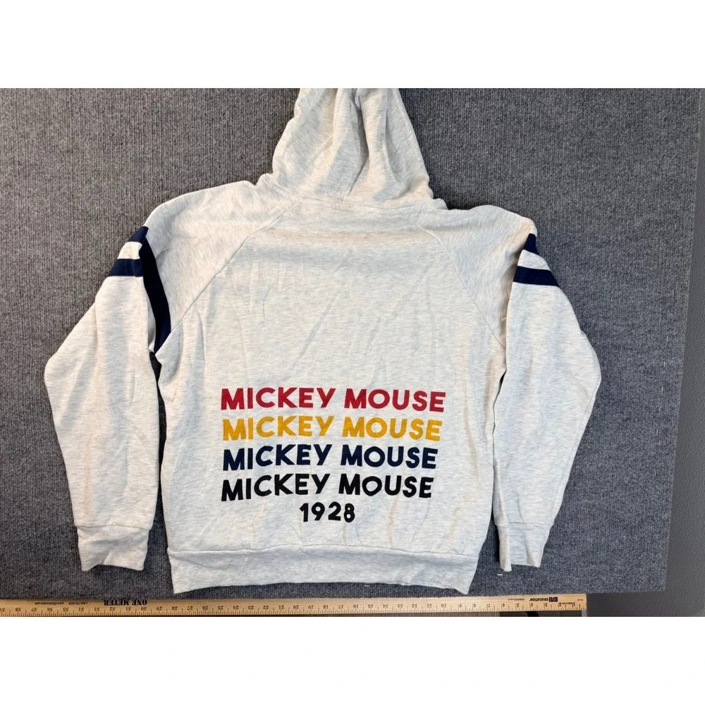 Disney Mickey Mouse 90 Years Hoodie Medium Grey Navy Stripe Graphic Pullover MD
